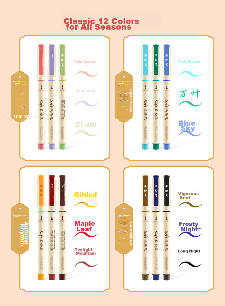 Dianshi Xuli Pen Soft Drawing Pen Set, Student Writing And Note-Taking Pen, Drawing And Coloring Marker, Journaling Pen, Small Regular Script, Back-To Essential, 827 New National Color [Desert], 3 Pcs/set 7