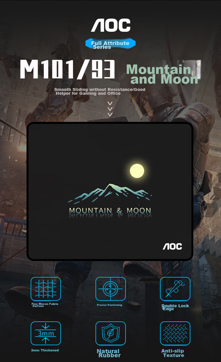 AOC Gaming And Office Mouse Pad Medium And Small Size 300*250*3mm for Office Keyboard Computer Desk Pad M101/93 Mountain And Moon Black 1
