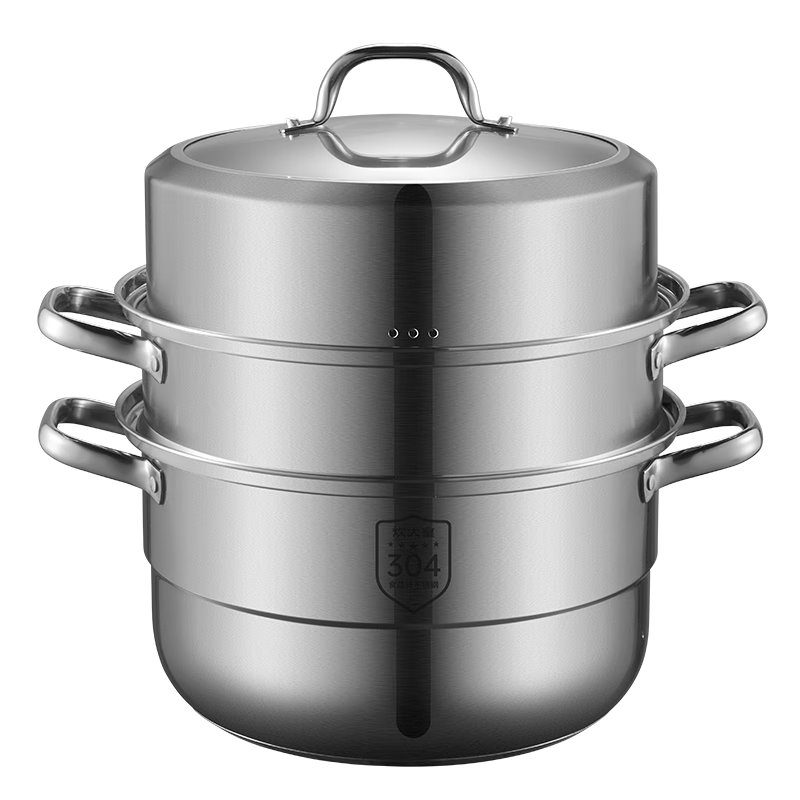 COOKER KING 304 Stainless Steel Three-Layer Steamer Pot, Household Composite Bottom Soup Pot, Steams Buns And Dumplings, Visible And Stand-Up High-Arch Lid, 26cm