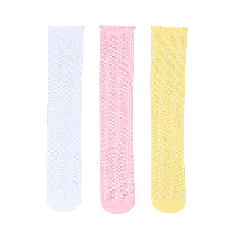 Langsha Children's Socks, Girls' Summer Thin Style, Student Over-Knee Long Socks, Mesh Slouchy Socks, 3-Pack, Yellow Pink White, XL