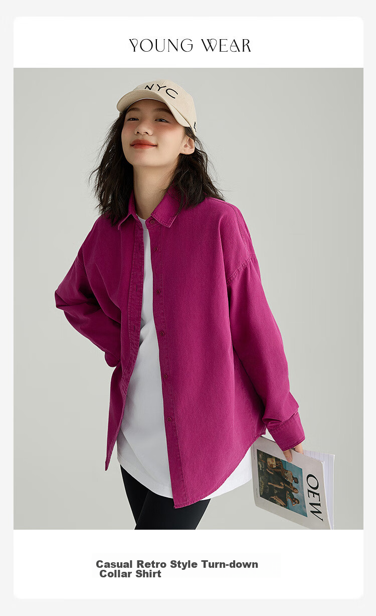 Dme Vintage Washed Spring Elegant Magenta Loose Fit Turndown Collar Long Sleeve Blouse for Women, Purple-Red, Size M 4