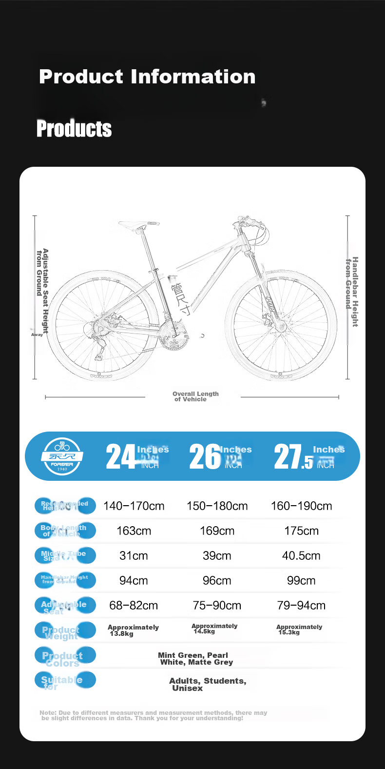 FOREVER Mountain Bike, 27.5-Inch, Shimano 27-Speed, Aluminum Frame, for Men And Women, Adult And Student Use, City And Off-Road Cycling, Gray 12