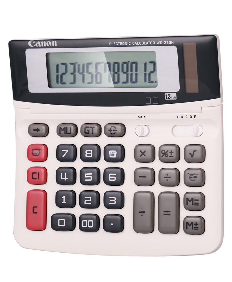 Canon WS-220H Calculator, 12-Digit Display, White, Dual Power Supply, High Precision, for Student Exams And Office Use, Adjustable Screen, Business Portable 12