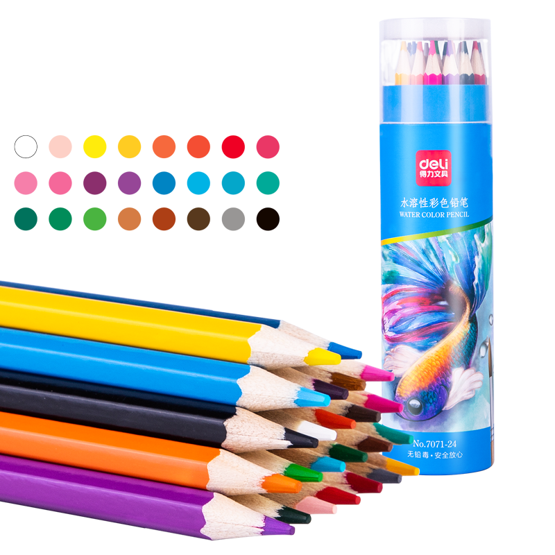 Deli 24-Color Water-Soluble Colored Pencils, Natural Wood Hexagonal Barrel, for Students' Drawing, Art, Sketching, Hand-Drawn Children's Pencils, Stationery, Paper Tube Colored Pens, Graduatio