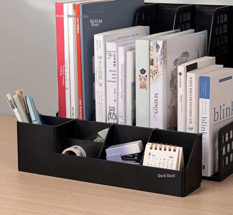 Deli File Organizer, Morandi Desktop Storage Box, Office Report Bookshelf, Student Book Stand, File Basket, Storage Rack with Built-In Pen Holder, White 14