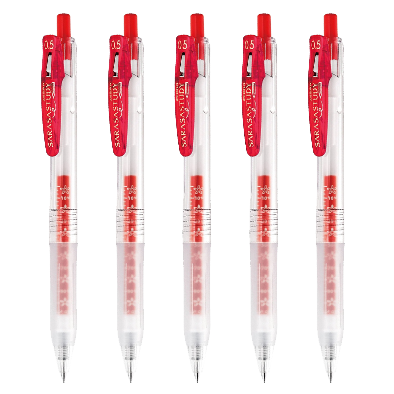 ZEBRA 10th Anniversary Edition Top Student Gel Pen, 0.5mm Bullet Tip, Retractable Gel Pen with Flower Scale, Red Ink, JJM88, Red, Pack of 5