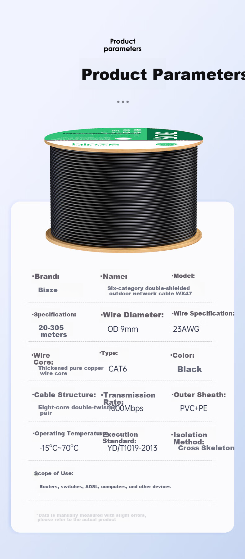 BIAZE Category 6 Gigabit Dual-Shielded Ethernet Cable, Rainproof Snowproof Waterproof Sun-Resistant Cold-Resistant Anti-Interference Pure Copper Outdoor POE Surveillance Engineering Dedicated Network Cable, Black, 20 Meters 12