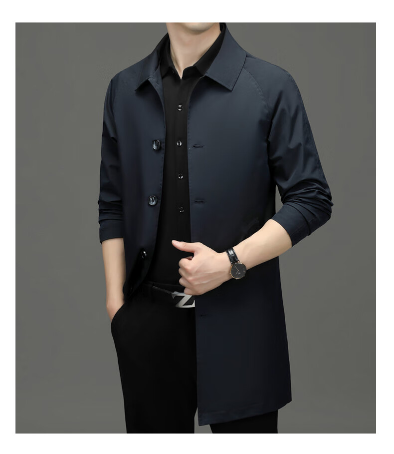ROMON Men's Trench Coat, Spring And Autumn Business Casual Mid-Length Overcoat, Outerwear Jacket D-2021 Black XL 19