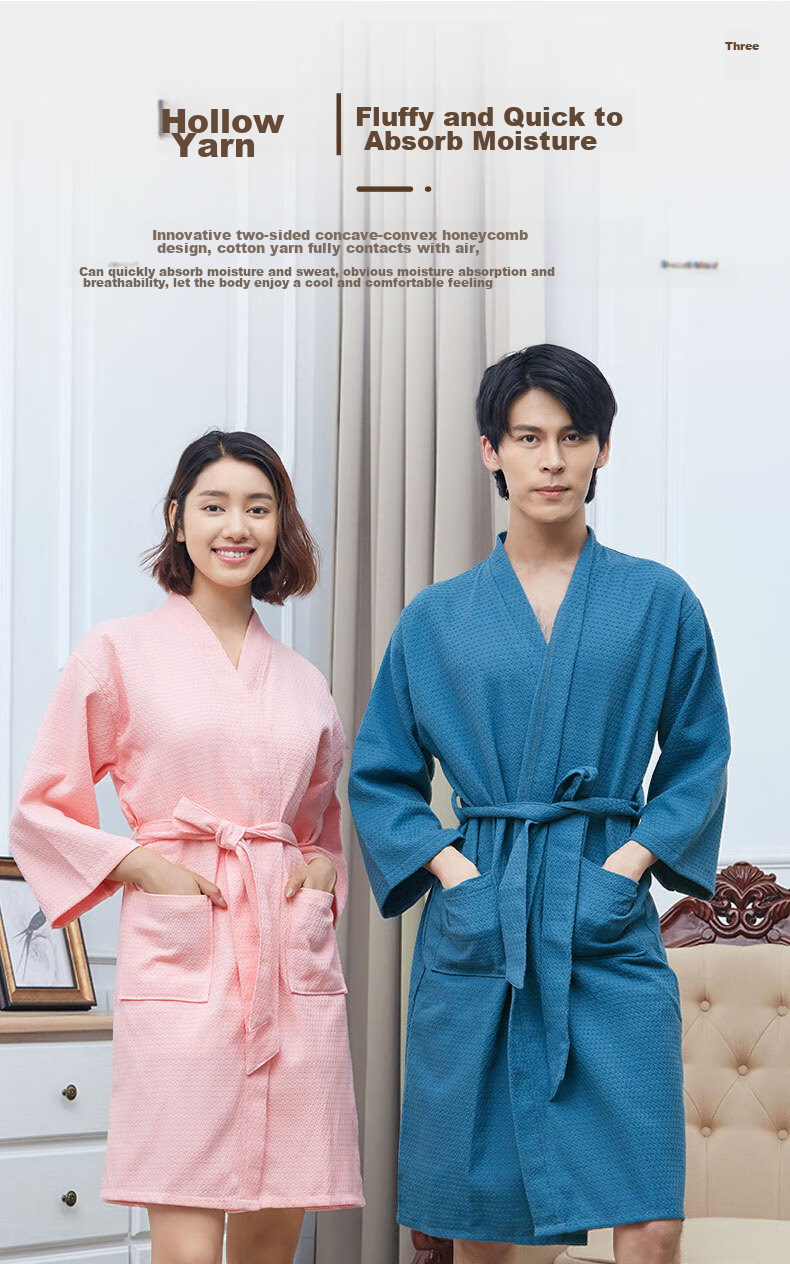 Xinya Bathrobe, Pure Cotton Waffle Pattern Adult Bathrobe Home Loungewear, Unisex Couple Thin Bathrobe, Men's Style, Blue L 2