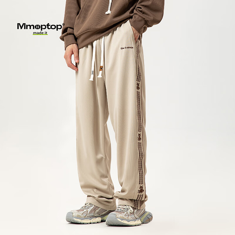MMOPTOP Striped Lightweight Straight-Leg Pants for Men, Spring And Summer Trendy Loose-Fit Athletic Wide-Leg Casual Trousers K23117 Apricot Color M