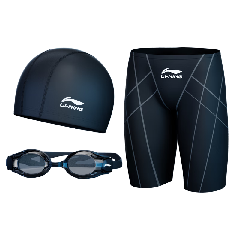 Li-Ning Swimming Trunks, Goggles, Swim Cap, Five-Piece Set for Men, Swimming Trunks, Swimming Goggles, Swimming Equipment, LN55-169 Black XL