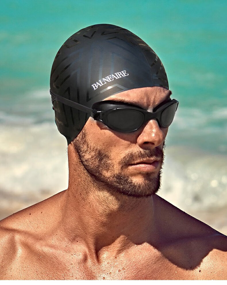 BALNEAIRE [Xiao Shunyao's Choice], Men's Silicone Swim Cap, Fashionable Dark Pattern, Highly Elastic, Waterproof, Enlarged Size, Non-Binding, MYM002 2