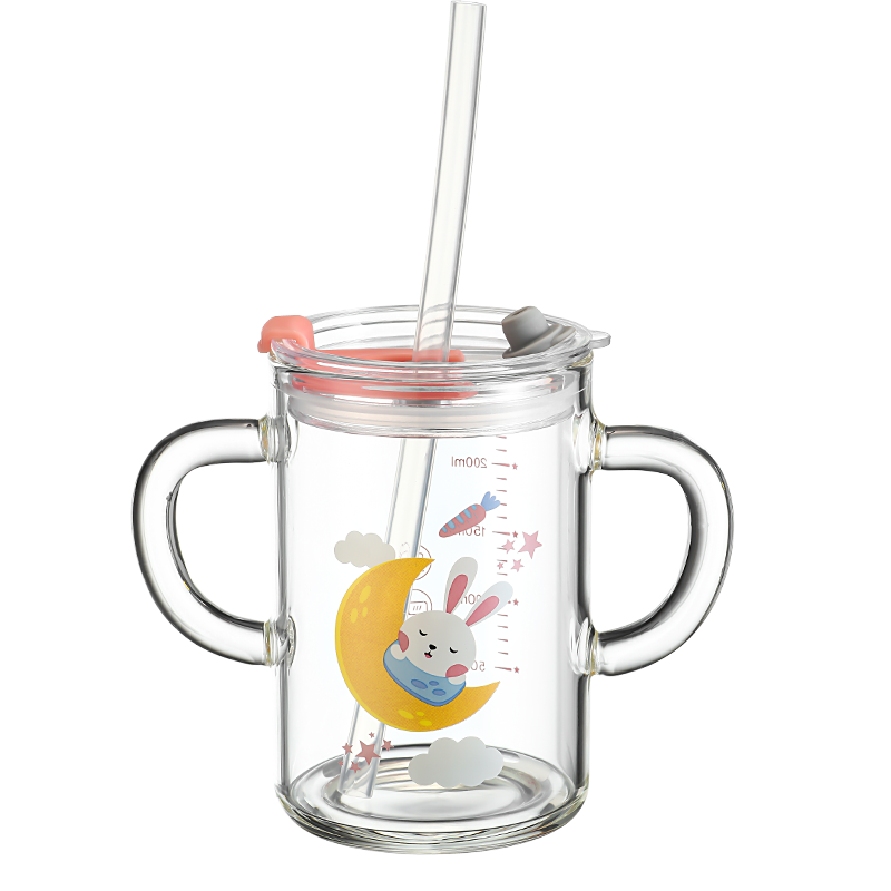 Fuguang Glass Cup for Home Use, Children's Milk Cup with Scale, Heat-Resistant Straw Water Bottle, Milk Drinking Cup, Microwave-Safe And Heatable