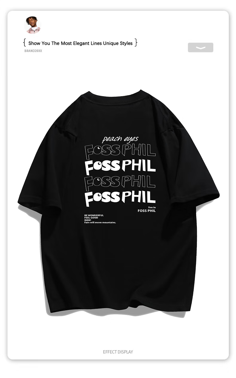 Foss Phil Short-Sleeve T-Shirt for Men And Women, Summer Loose Pure Cotton Casual Trendy Printed Undershirt Top F0016 Black L 2