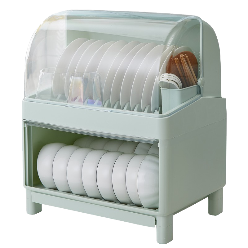 PINYU [Extra Large] Bowl And Plate Storage Rack, Double-Layer Kitchen Cabinet for Bowls And Chopsticks with Lid And Cover, Gree