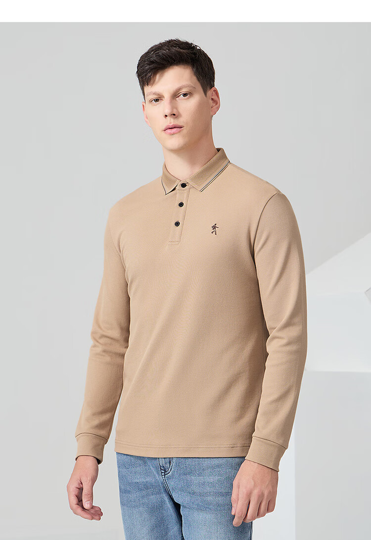 DANCING WOLVES [Shubanmian] Autumn And Winter Business Commute Men's Embroidered Long-Sleeve Polo Shirt, 701 Khaki, Size 170 3