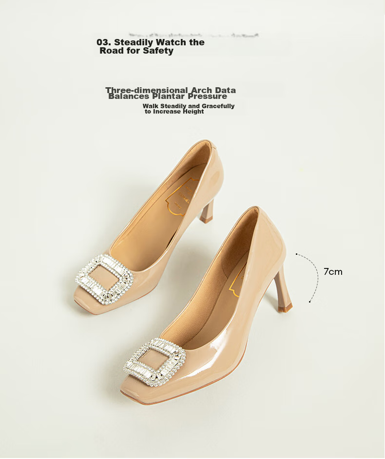 COMELY Square Buckle High Heels for Women, Spring Commute Square Toe Fashionable French Rhinestone Pumps Stiletto Shoes, Pink Apricot Color, Size 36 9