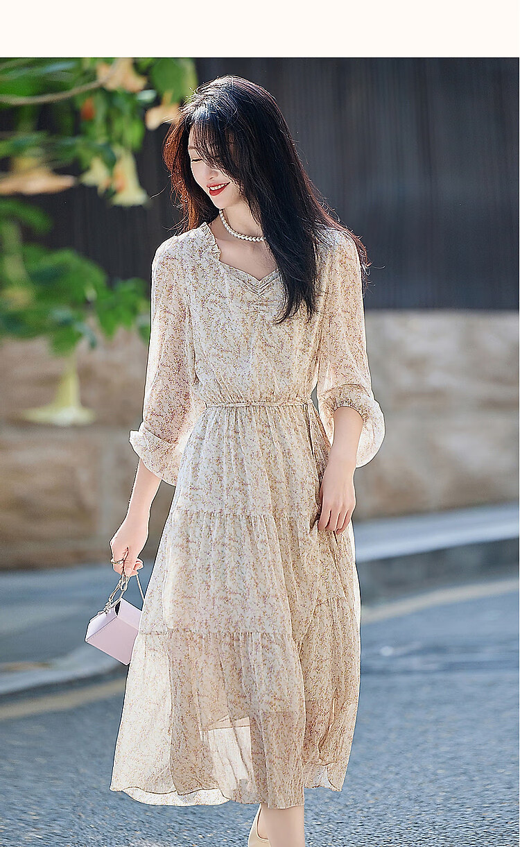 Dme [Fresh And Comfortable] Spring And Autumn Lightweight Chiffon Floral Print Women's Dress, Square Neckline, Ruffle Trim, Puff Sleeves, One-Piece Dress 12
