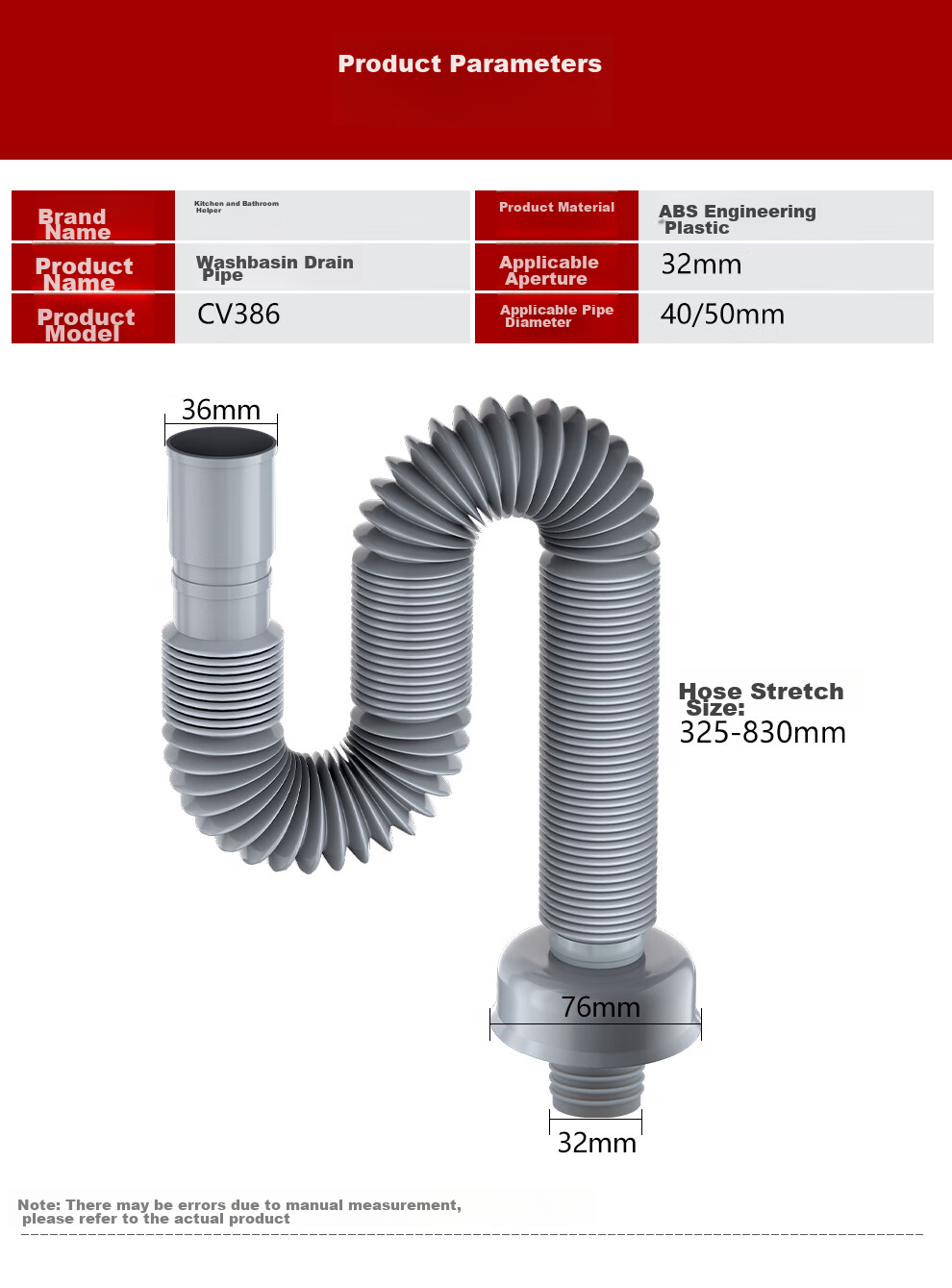 CVBAB Sink Drain Pipe, Washbasin Anti-Odor Drain Pipe, Anti-Odor Sealing Ring Drainage Pipe, Drainage Flexible Hose CV386 11