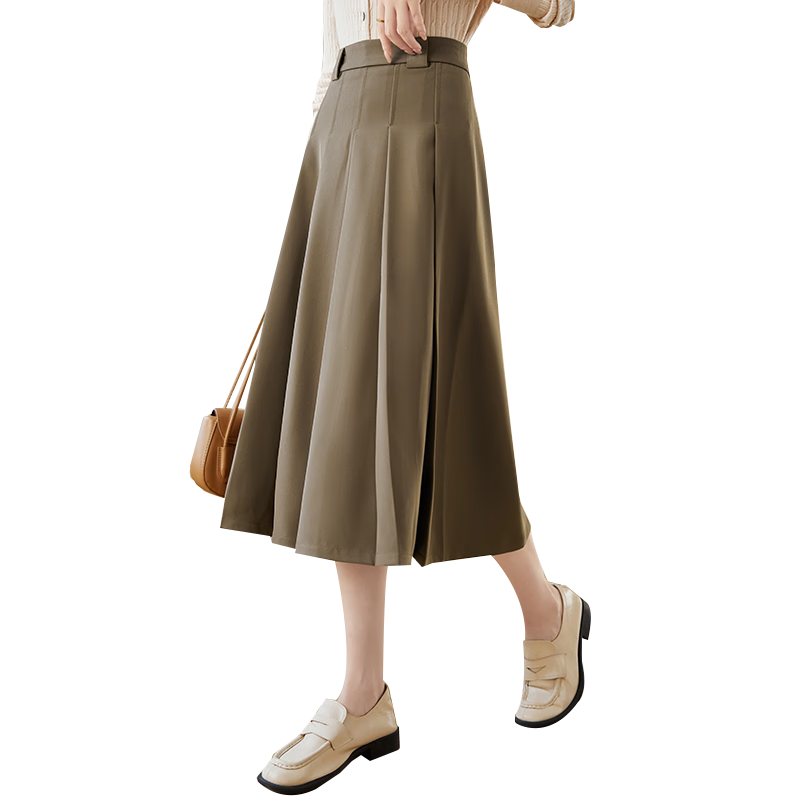 Chushen Spring And Autumn Midi Skirt for Women, Wilderness Maillard High-Waist Academic Style A-Line Design Pleated Skirt S143B2003