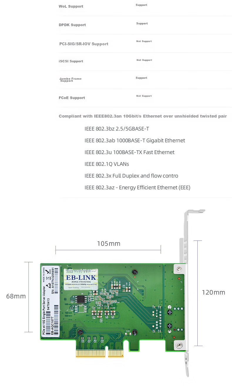 EB-LINK PCI-EX4 10 Gigabit Single-Port Server Network Card with AQC107 Chip, 10G Electrical Port Gaming Network Adapter, Supports 10G/5G/2.5G/1G Speeds, WOL Wake-O 14