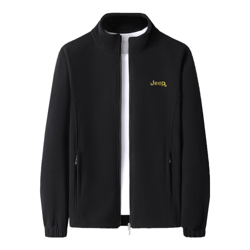 JEEP Men's Jacket, Trendy Simple Stand-Collar Fleece Jacket with Embroidery, Men's Fleece Coat 085, Black, M
