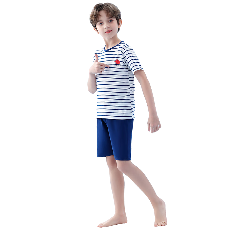LangSha Children's Pajamas for Boys, Summer Thin Short-Sleeve Shorts, Youth Cotton Home Wear Set, Size 160