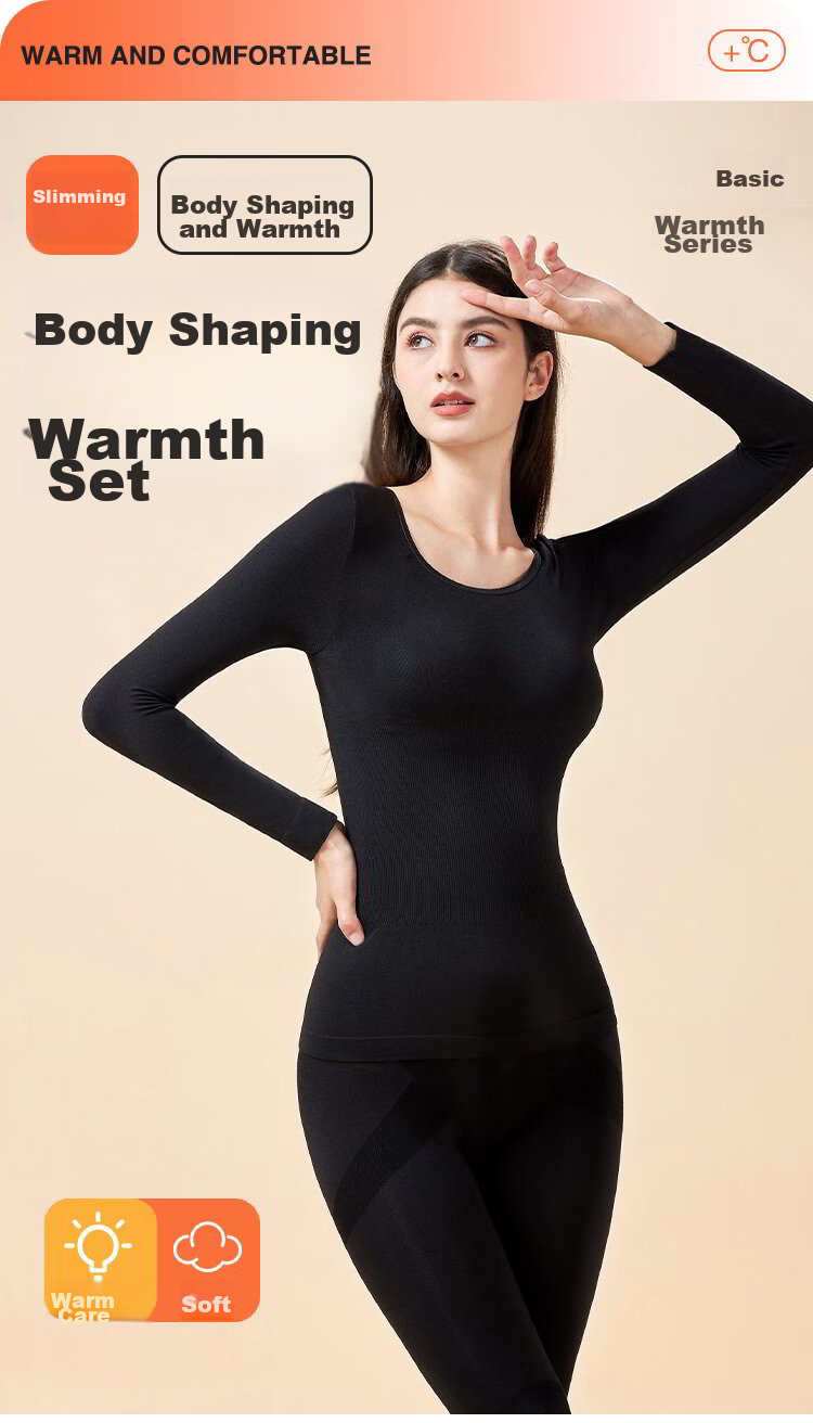 LangSha Women's Seamless Thin Autumn And Winter Thermal Underwear Set, Medium Thickness, Body-Shaping Base Layer, Black, Size M 1