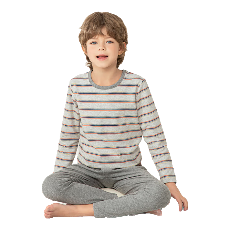 YING BO LUN Boys' Autumn Underwear Set, Pure Cotton Children's Underwear, Thin Autumn And Winter Pajamas And Loungewear, 81075 Gray Striped, Size 160
