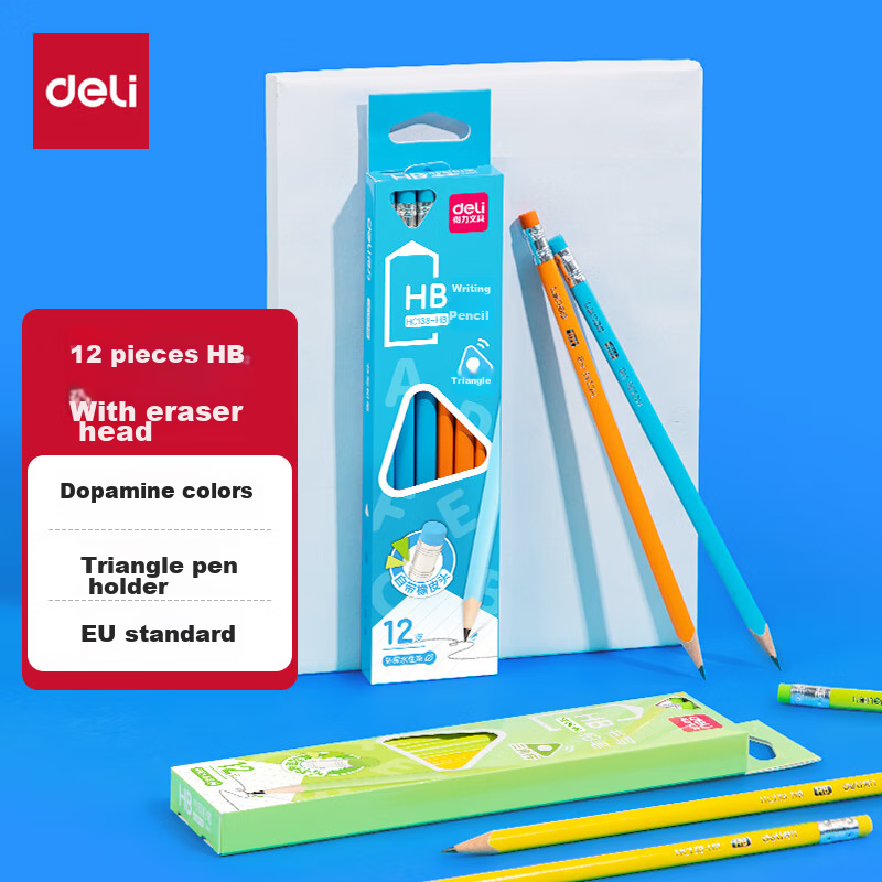 Deli HB Triangular Leather-Tipped Writing Pencil, HB (12 Pcs/box), Drawing And Doodling, Children's Posture Correction, Student Handwriting Practice Pen, HC138-HB, Back-To Stationery