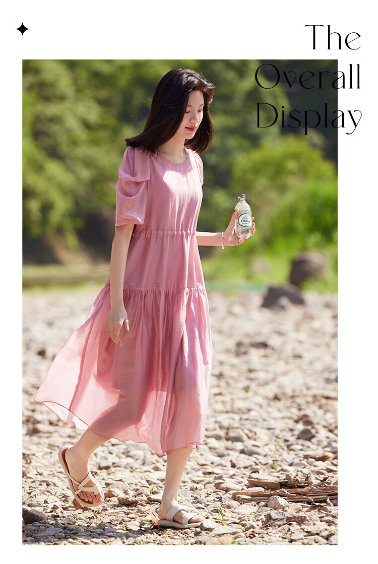 Dme Tencel Doll Dress, French Puff Sleeve, Flowing Tie-Waist Dress for Women, Sheer Pink, L 3