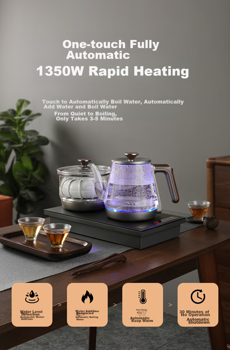 FUNORK Fully Automatic Electric Kettle with Water Inlet, Tea Table Kettle for Home And Office All-In Tea Table, Built-In Tea Set Electric Tea Stove Set RY-10 Titanium Gray Clean Versio 5