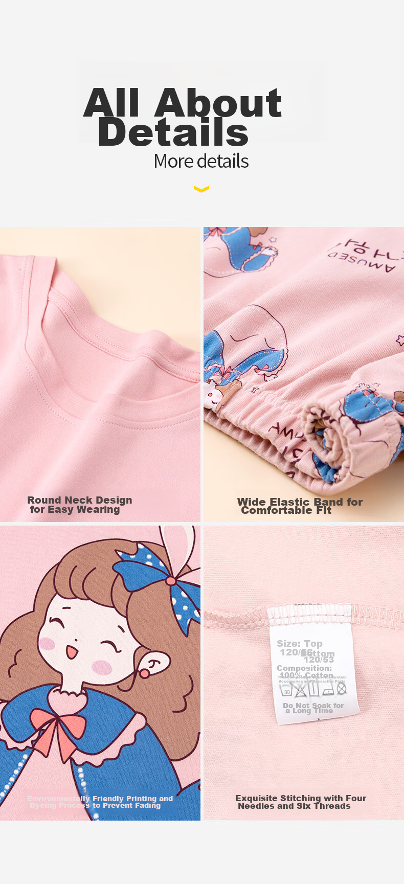 MiiOW Children's Pajamas, Girls' Spring And Autumn Style, Pure Cotton, Kids Long-Sleeve, for Older Children, Home Wear Set, Sweet Girl Design, Size 120 9