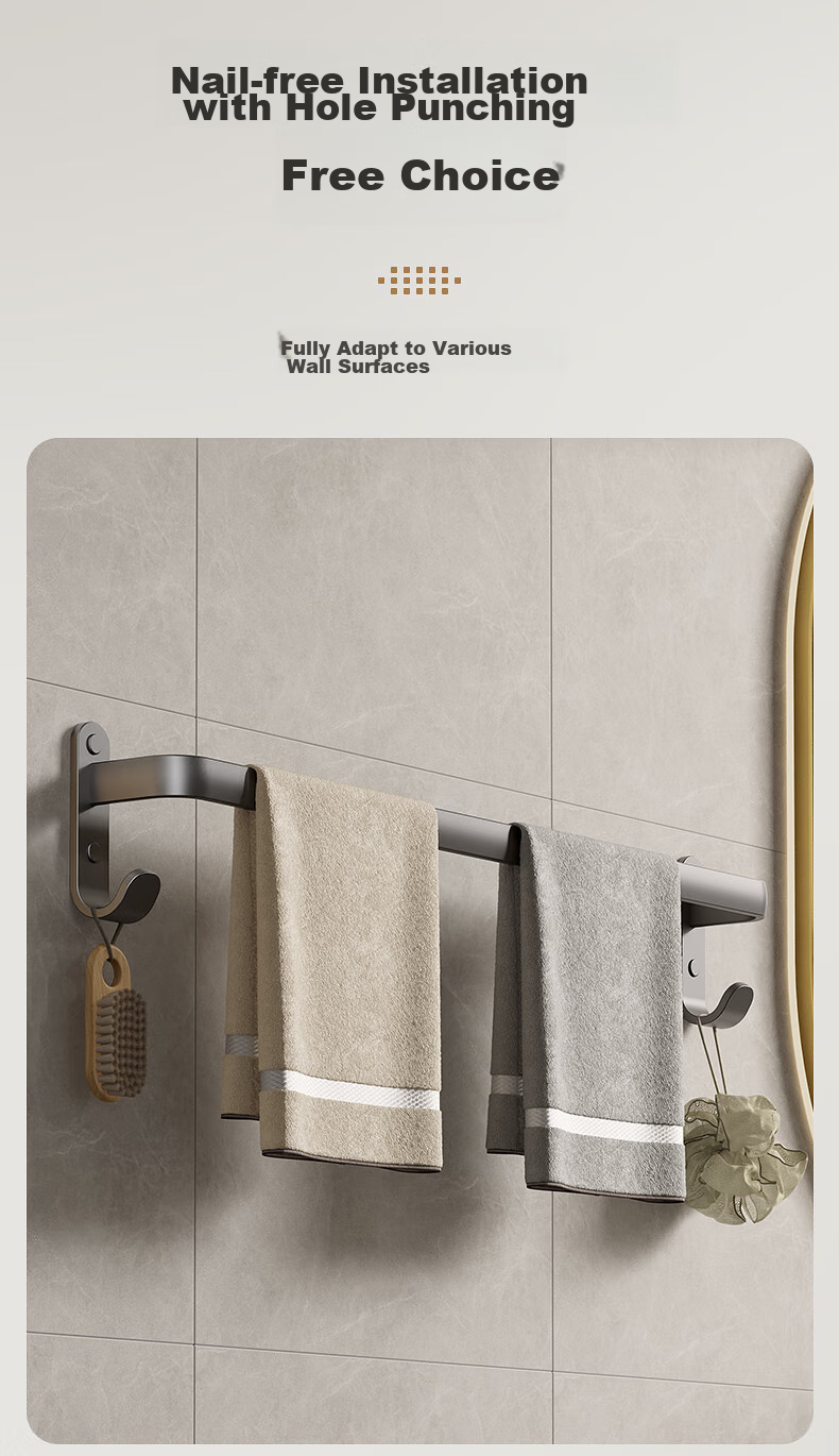Baihan Towel Rack, Space Aluminum, No Drilling Required, Wall-Mounted Bathroom Storage Shelf with Hooks, Organizer Hanger Rod 9