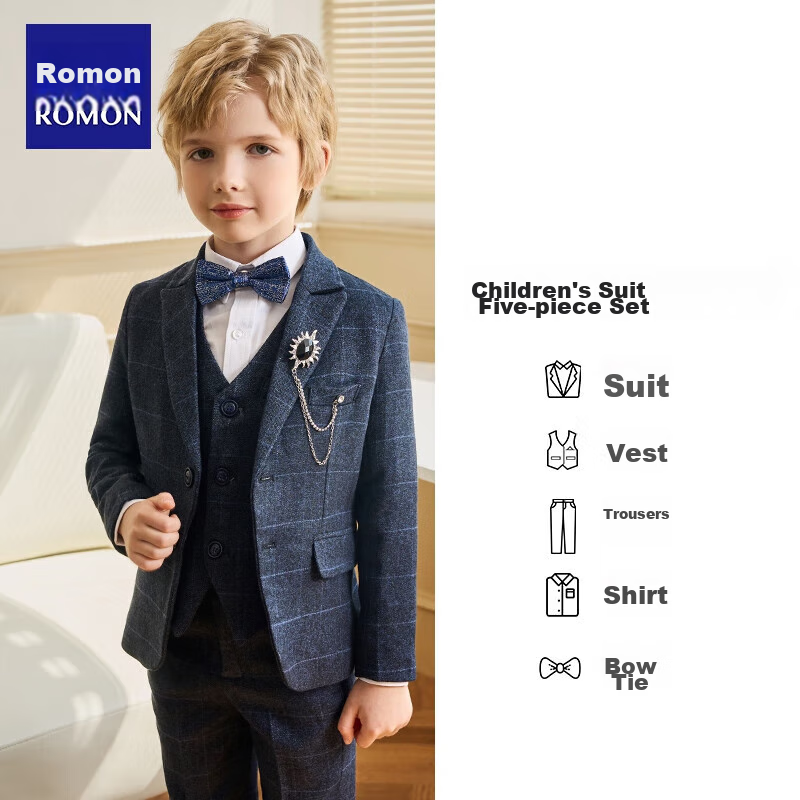 Luomeng Children's Suit Set for Boys, Host Flower Boy Formal Wear Performance Outfit, Blue Plaid Five-Piece Set, Size 130