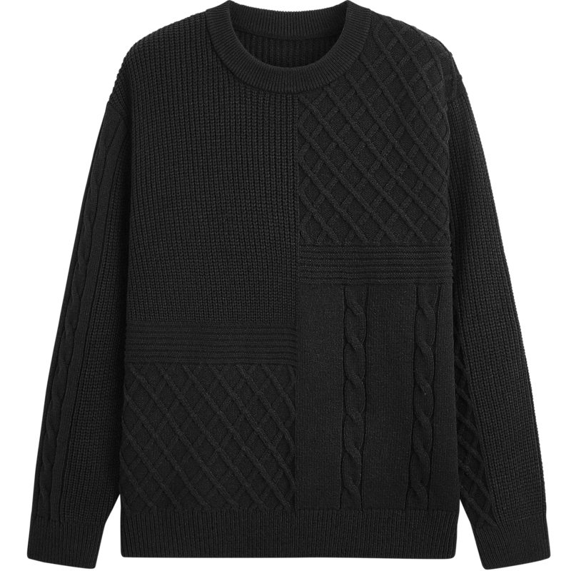 GXG Men's Clothing, Urban Definition Black And White Solid Color Knit Patchwork Texture Anti-Pilling Sweater, Black, 185/XXL