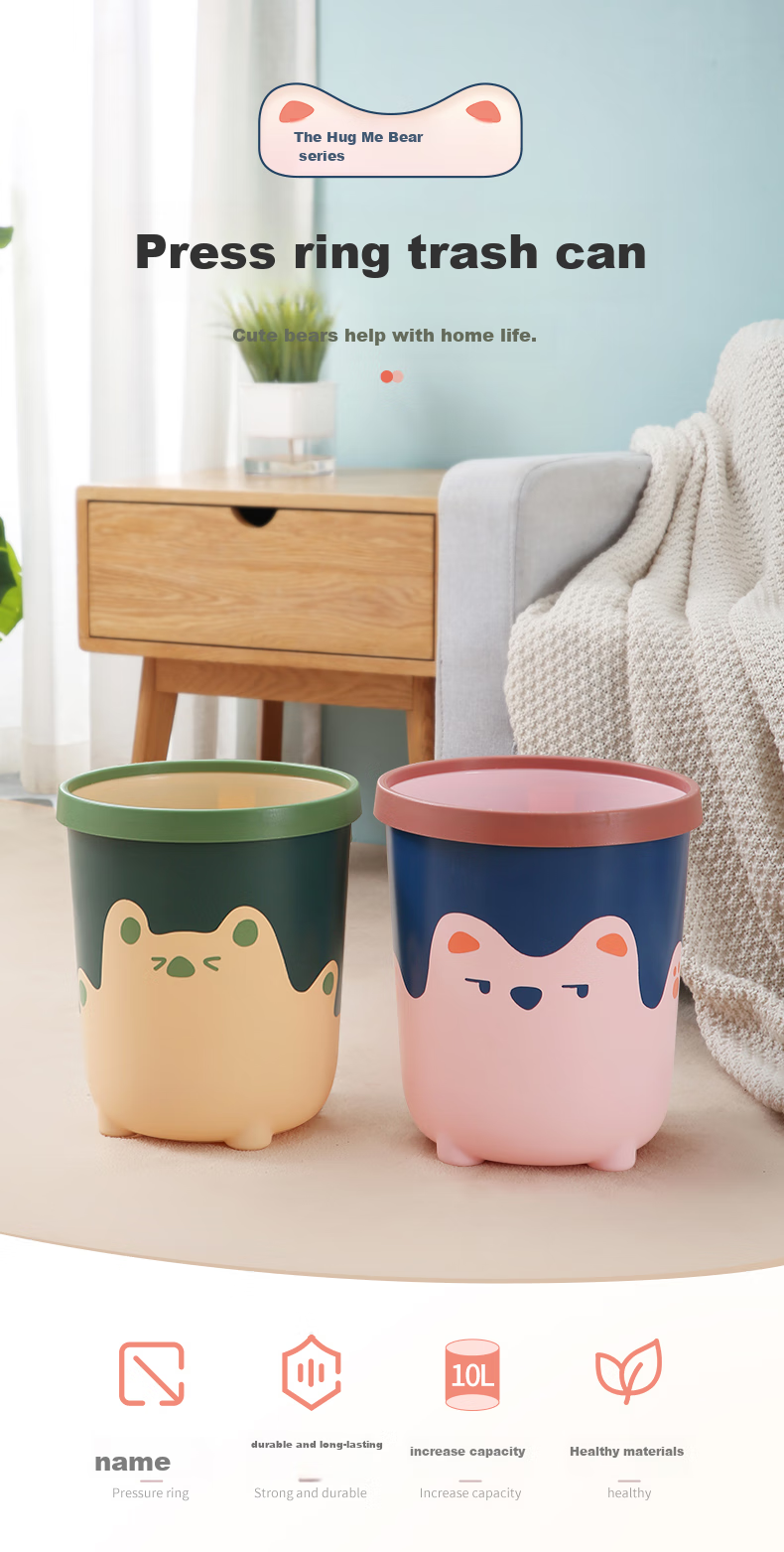 MENGTING Creative Trash Can with Press Ring, 10L Capacity, Cartoon Design for Home And Office Use, Large Capacity Wastebasket for Living Room, Pink 1