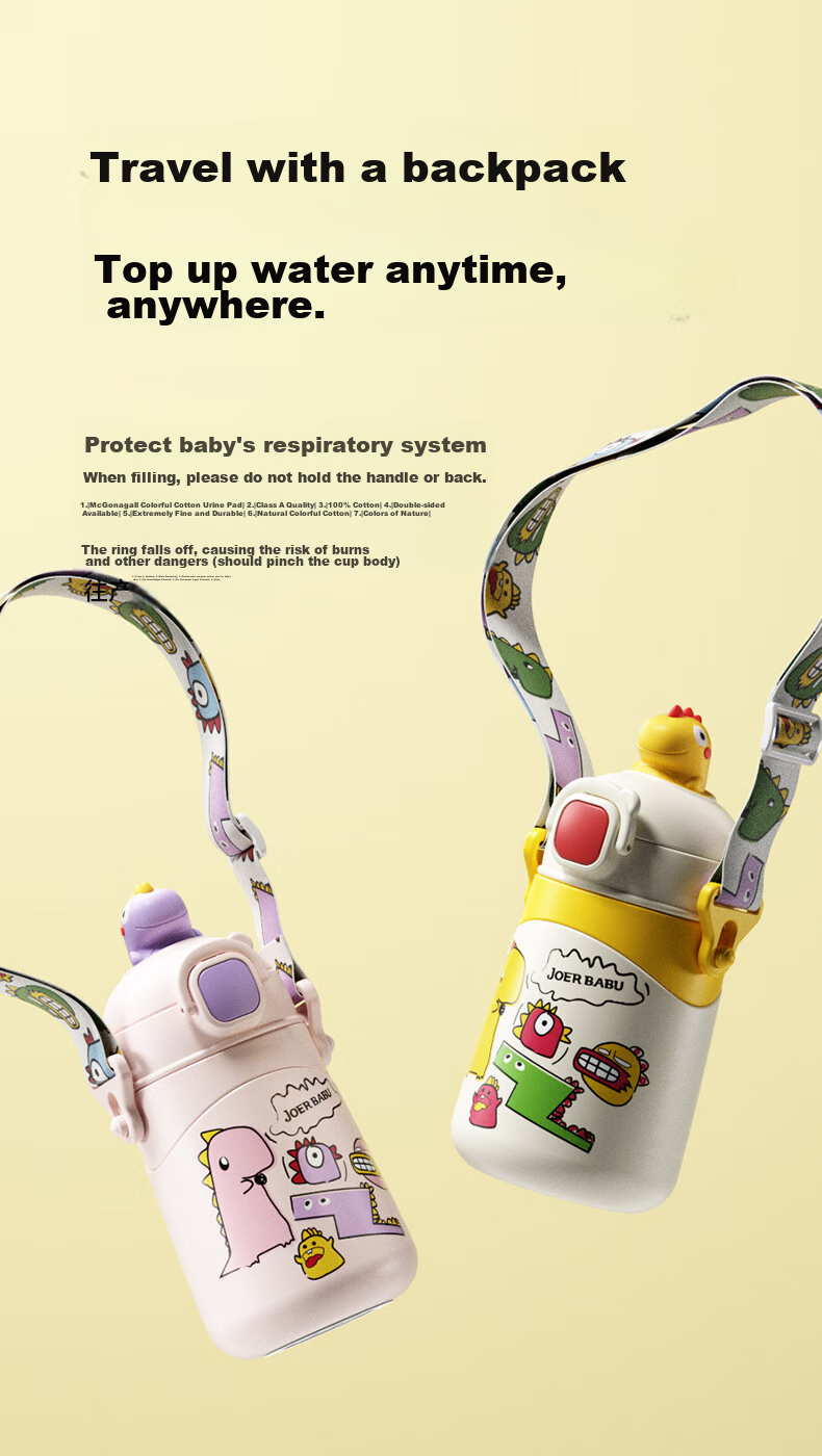 JOER BABU Baby Insulated Cup, Children's Straw Water Bottle, Infant Sippy Cup, Can Be Equipped with Duck Bill And Strap, Thermos Water Bottle - Yellow 13