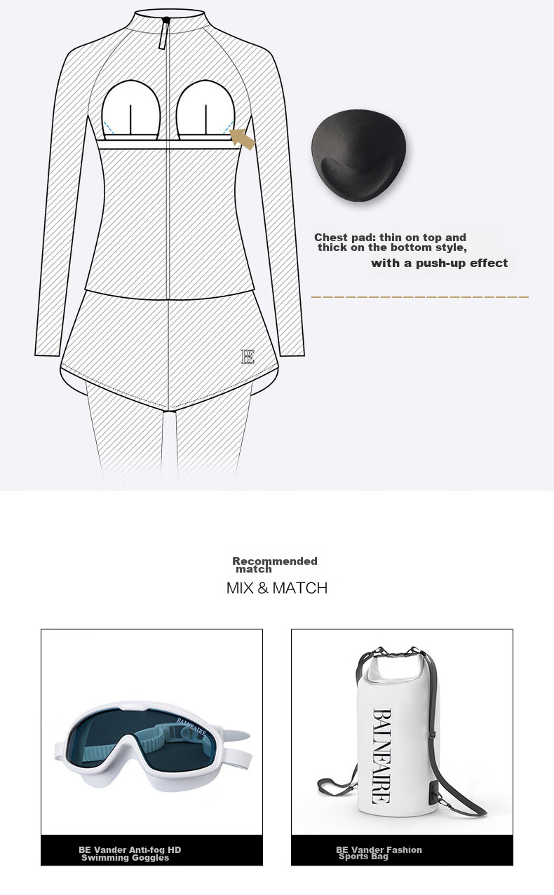 BALNEAIRE [Dong Xuan Same Style] Surfing Series Two-Piece Swimsuit Hot Spring Conservative Sun Protection Top for Women, Fashionable Black And White, M 7