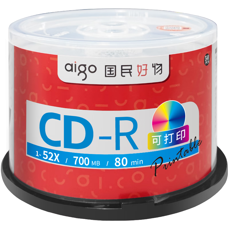 Aigo CD-R Discs, 52x Speed, 700MB Capacity, Blank Discs, Printable, 50 Pieces in A Barrel, Car Music, Stable Burning