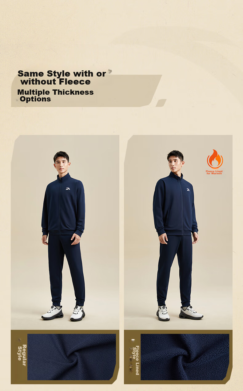 Anta Men's Fleece-Lined Sports Set Spring Windproof Stand Collar Zip-Up Jacket and Pants Sportswear Casual Pants 4