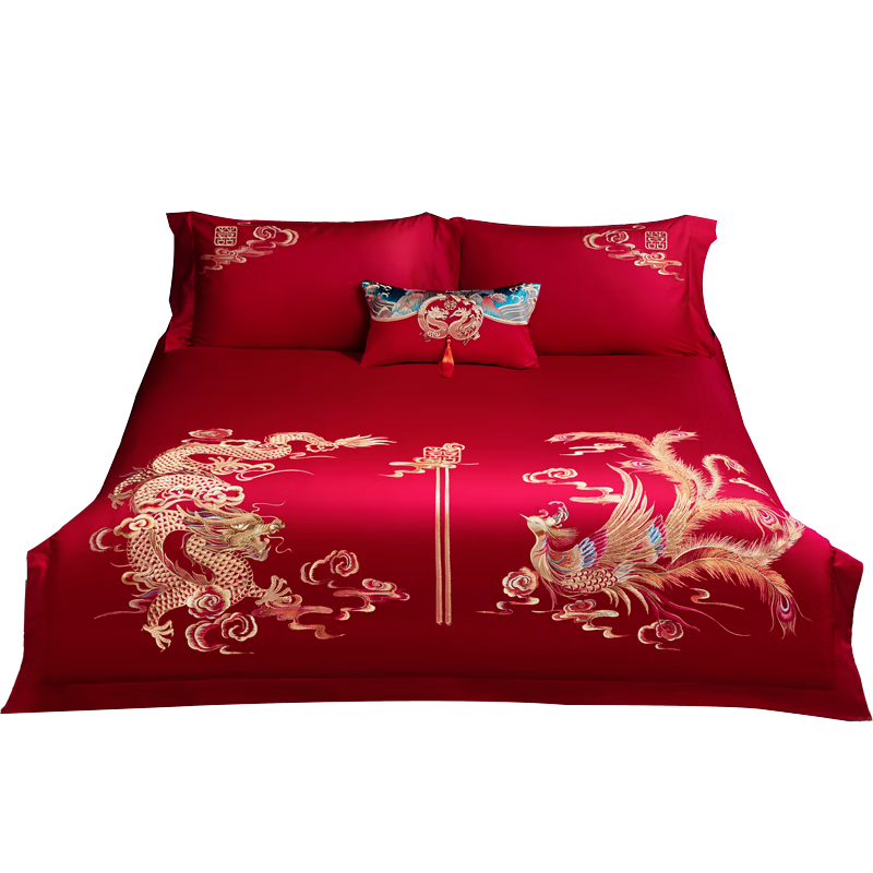 Shuixingjiafang Wedding Bedding Set, 100% Pure Cotton, Red Color, Wedding Bed Sheet And Duvet Cover, Wedding Gift, Dragon And Phoenix Embroidery, for 1.5m Bed
