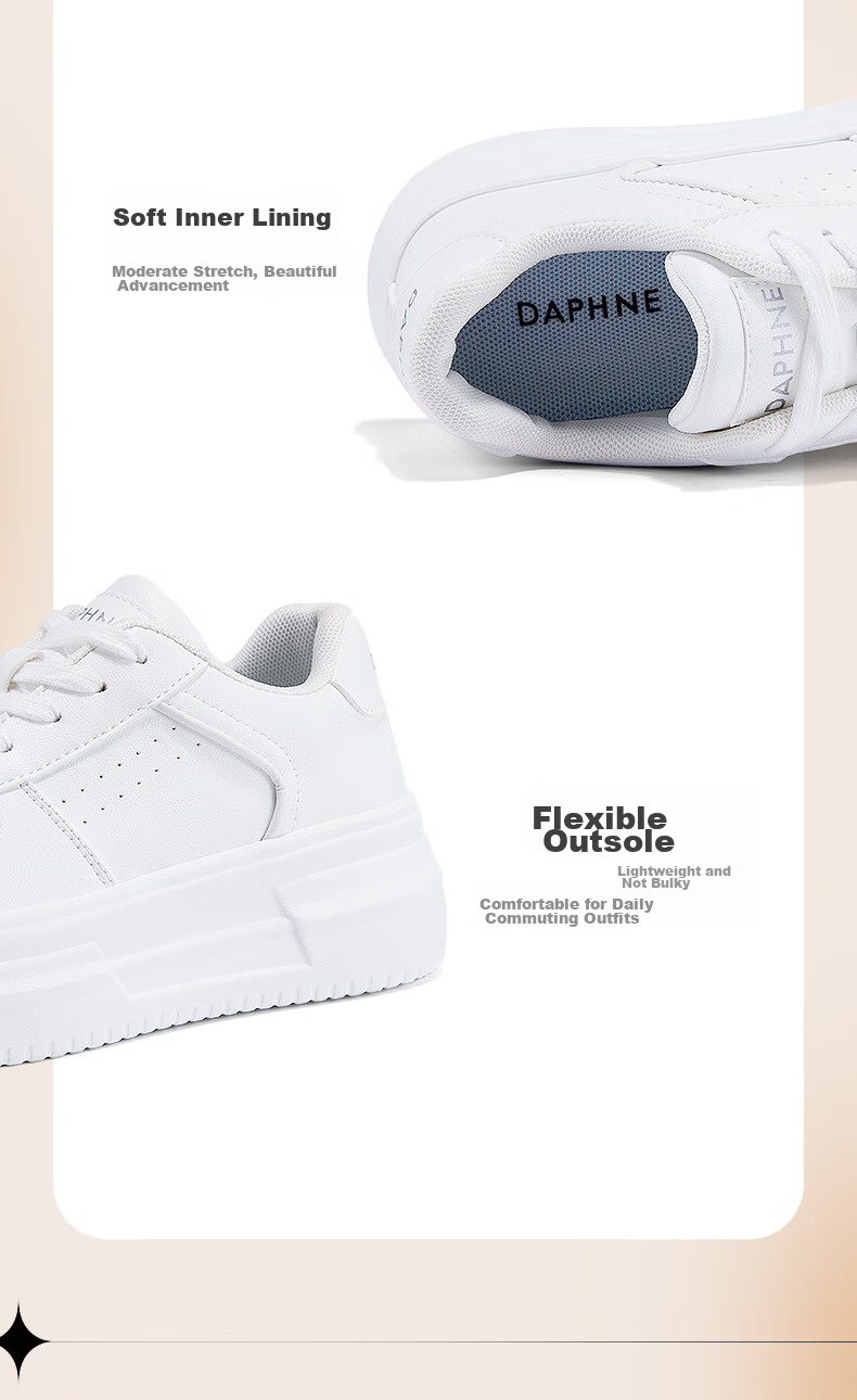 DAPHNE Thick-Soled White Sneakers for Women, 2026 New Popular Style, Casual Sports Shoes, Versatile Board Shoes for Women, White, Size 38 9