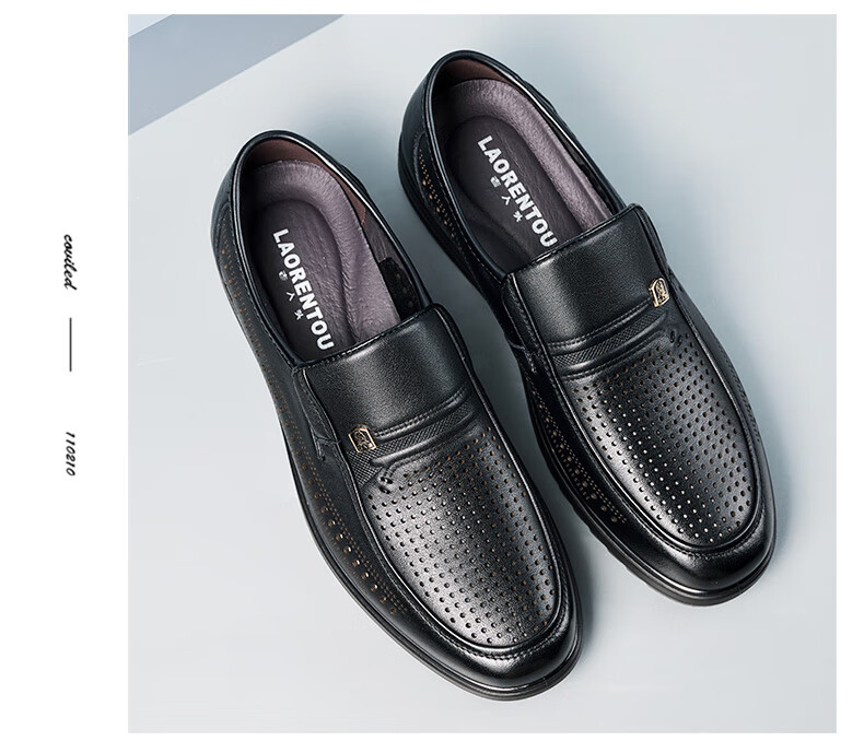 LAORENTOU Men's Leather Shoes, Business Casual Shoes, Top-Grain Leather Slip-Ons with Buckle Decoration, Wear-Resistant Breathable Sandals, Hollow Breathable Shoes, Perforated Shoes LL13203 Black Size 38 6