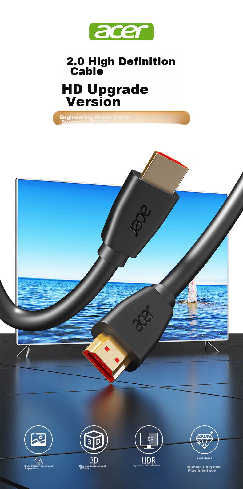 Acer HDMI Cable Version 2.0, 4K Ultra HD Cable 3 Meters, 3D Video Cable Engineering Grade, Data Connection Cable for Laptops, Monitors, Set-Top Boxes, TVs, And Projectors 1