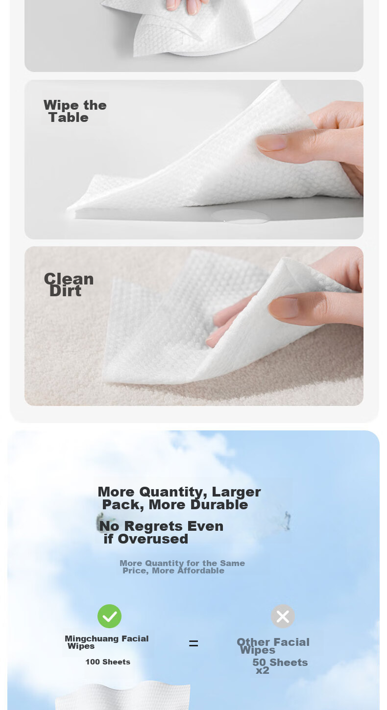 MINISO Disposable Face Towels, 100 Sheets Per Pack, Face Wipes for Dry And Wet Use, AB Double-Sided Cleansing Towels, Extra Large 20x20cm 10