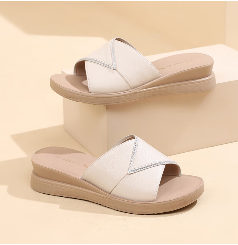 Hongqingting Mother's Day Slippers for Women, Outdoor Wear, Thick-Soled Wedge Roman Sandals, Soft-Bottomed Leather Flat Slippers, WTK233792 9