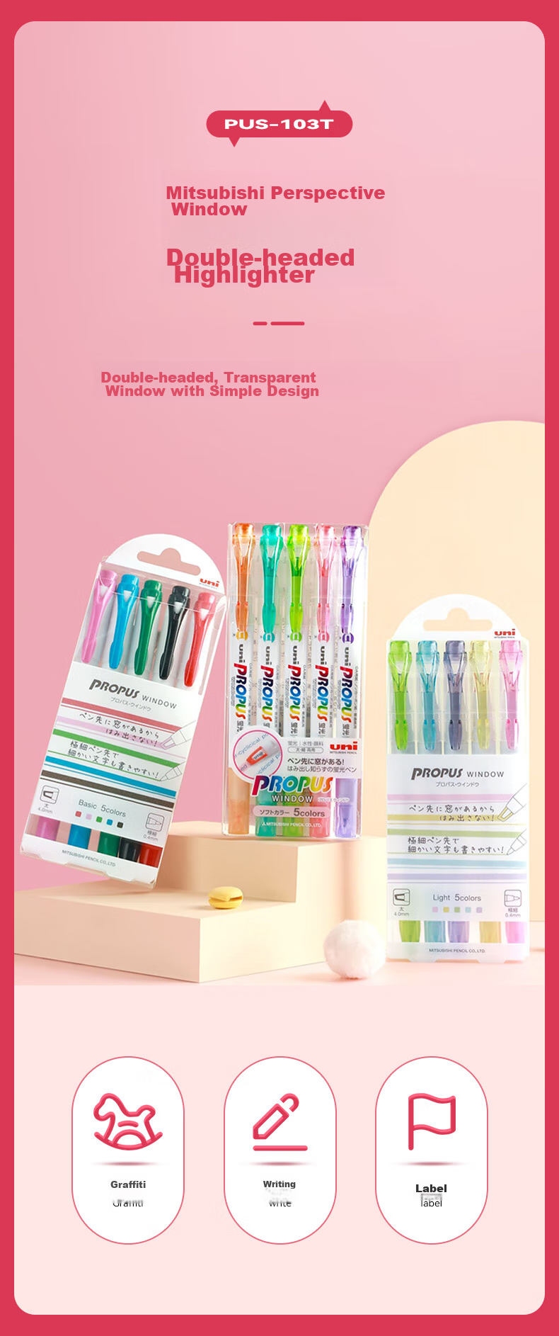 Uni Mitsubishi Dual-Tip Fluorescent Marker Pen for Student Homework, Journaling, Drawing And Marking - Colorful Pens, Fine 0.4mm Thick 4mm PUS-103T 1 Pen/Pack Light Blue 1