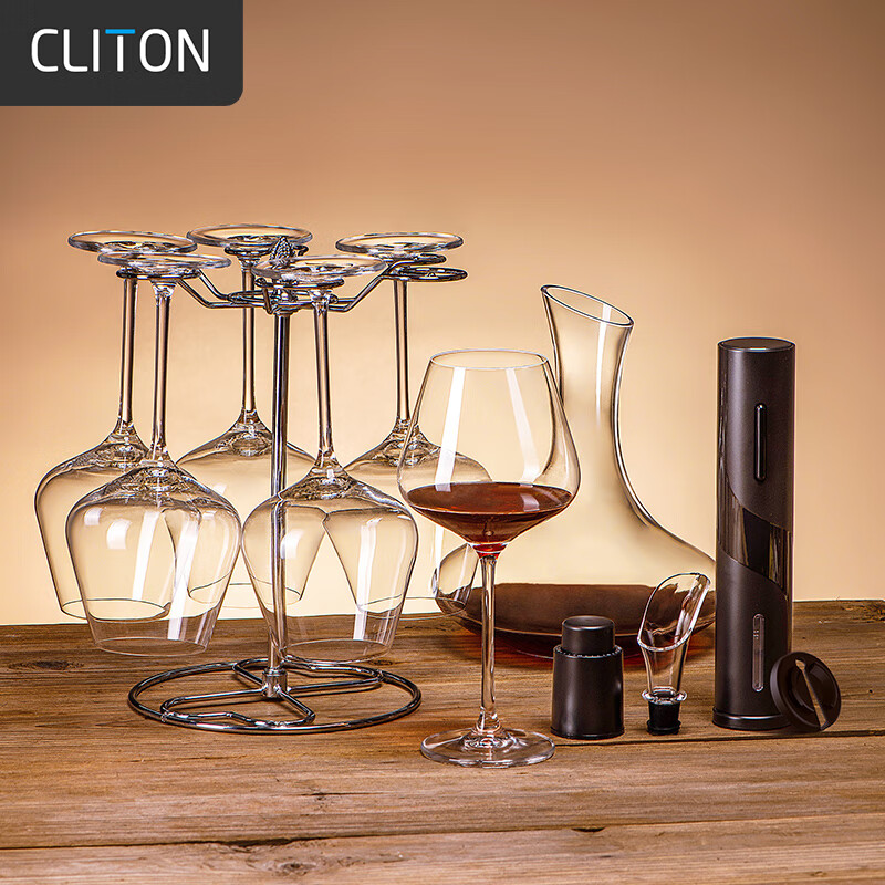 CLITON Crystal Glass Wine Glasses Burgundy Set, 12-Piece Set Including 6 Wine Glasses, Decanter And Bottle Opener