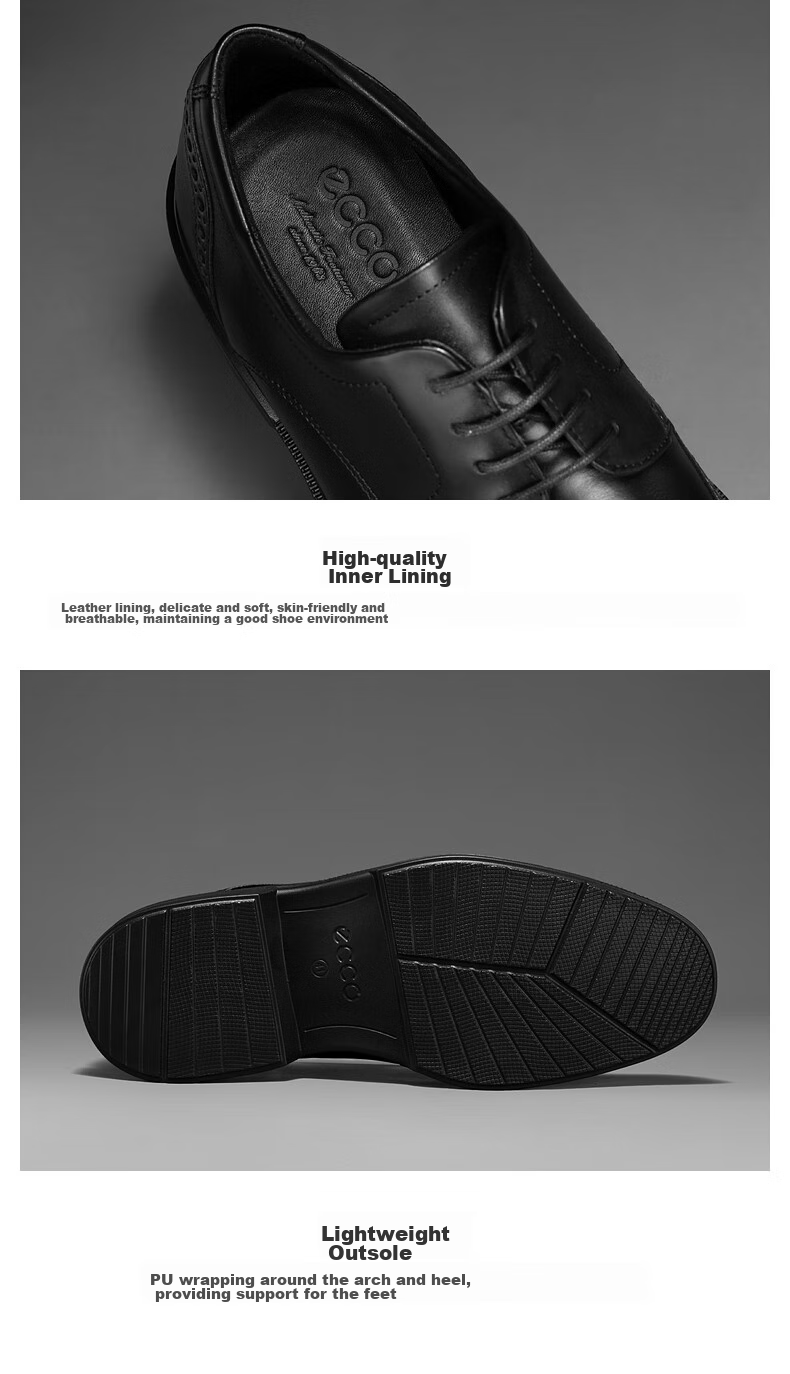 ECCO Formal Leather Shoes for Men, Height-Increasing Brogue Carved Cowhide Derby Shoes, Lisi 622164, Black, Size 42 7